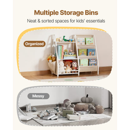 3-Tier Kids Multi-Functional Bookshelf Sling Bag Toy Storage Organizer Anti-Tip Design For Playroom Nursery