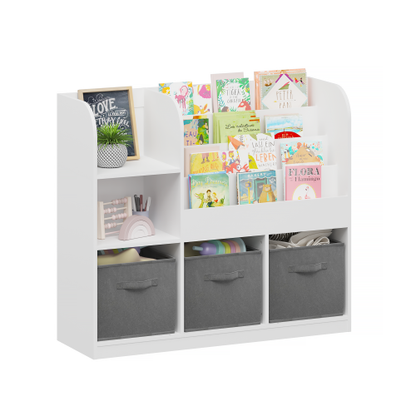 Kids Bookcase with 3 Fabric Drawers, MDF Toy Storage Organizer, White/Gray