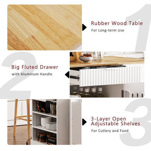 K Fluted Kitchen Island with Trash Can Storage Cabinet, Power Outlet, Internal Storage Rack, Rolling Kitchen Islands on 5 Wheels with 3 Drawer