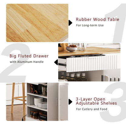 K Fluted Kitchen Island with Trash Can Storage Cabinet, Power Outlet, Internal Storage Rack, Rolling Kitchen Islands on 5 Wheels with 3 Drawer