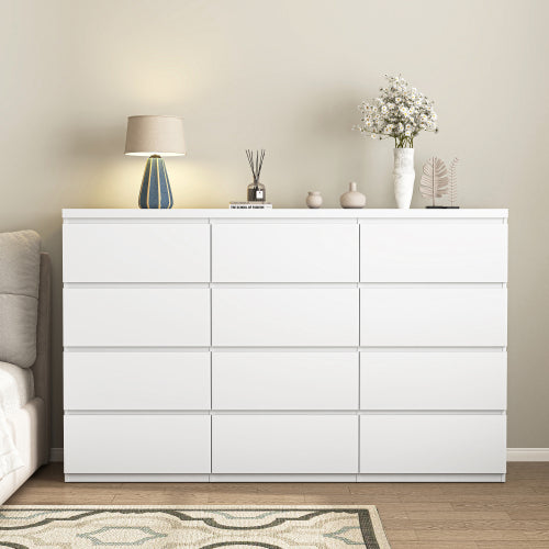 12 Drawers Double Dresser, Modern Wood Dresser Chest of Drawers with Large Storage Space for Bedroom, White