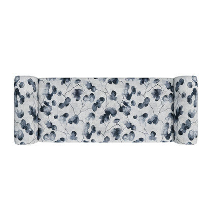 Traditional Rolled Arm Storage Bench Ottoman with Pewter Nailhead Trim in Black Floral with Dark Brown Solid Wood Legs