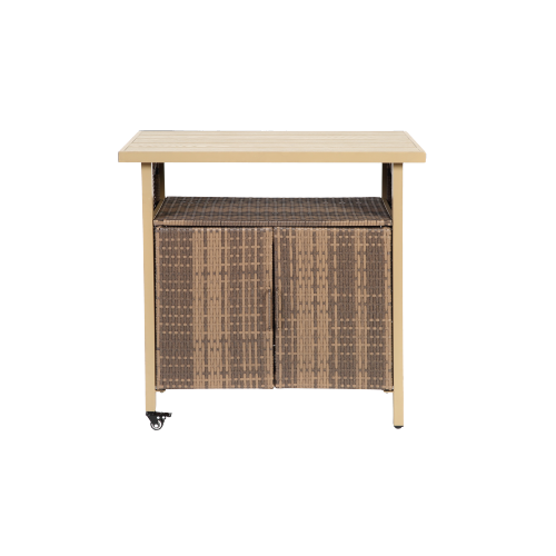 Outdoor Wicker Bar Cart, Patio Wine Serving Cart w/Wheels , Rolling Rattan Beverage Bar Counter Table w/Glass Top for Porch Backyard Garden Poolside Party, Beige