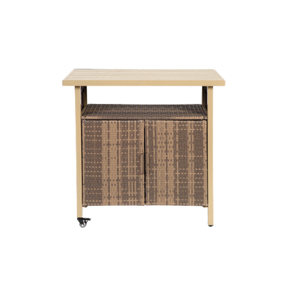 Outdoor Wicker Bar Cart, Patio Wine Serving Cart w/Wheels , Rolling Rattan Beverage Bar Counter Table w/Glass Top for Porch Backyard Garden Poolside Party, Beige