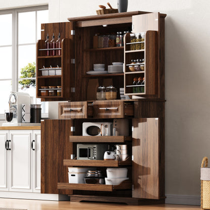 71inch  Farmhouse Kitchen Pantry Cabinet with Pull-Out Shelves Brown