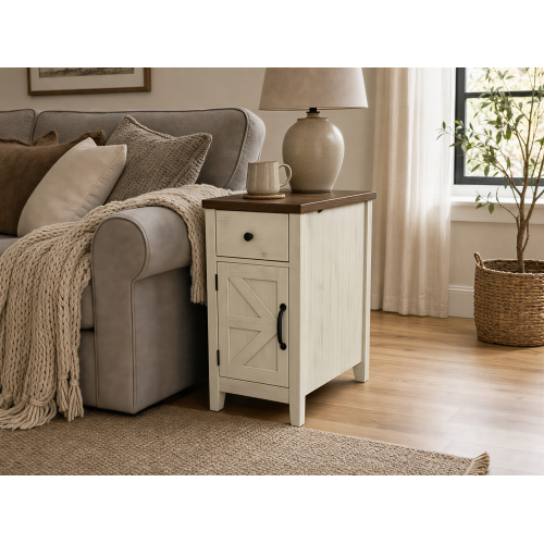Brown White Farmhouse Nightstand with Charging Station
