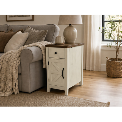 Brown White Farmhouse Nightstand with Charging Station