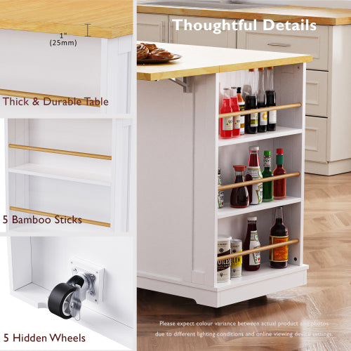 48inch Kitchen Island with 2 Bar Stools, Power Outlet, Door Internal Storage Rack, Kitchen Storage Cart on 5 Wheels with Drop Leaf, 5 Side Racks, 2 Drawers,White