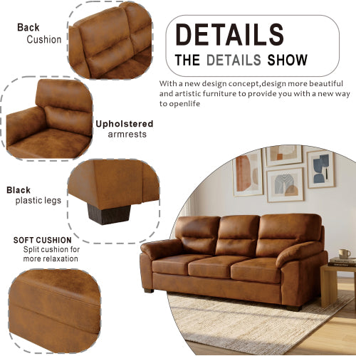 81 inch  Light-Brown 3-Seater Retro Foil-Fabric Sofa,Padded Armrests,Black Triangle Legs