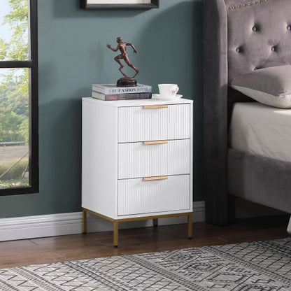 White Mid-Century Nightstand, 3 Wavy Drawers with Gold Metal Legs & Handles Bedroom End Table