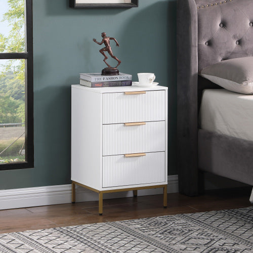 White Mid-Century Nightstand, 3 Wavy Drawers with Gold Metal Legs & Handles Bedroom End Table