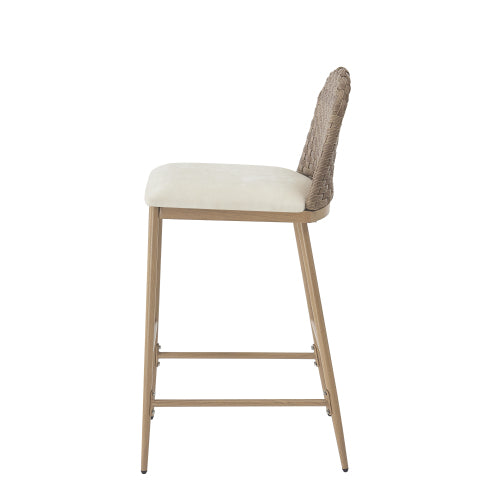 29.5inch Farmhouse Barstools Set of 2,Upholstered  Armless Iron Counter Stools with rattan Backrest for Kitchen Dining Island Table,Brown+Beige