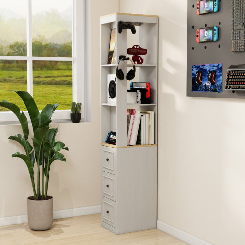 73 Inch Tall Slim Antique White Storage Cabinet 3 Drawers & Side Hooks Home Display Bookcase