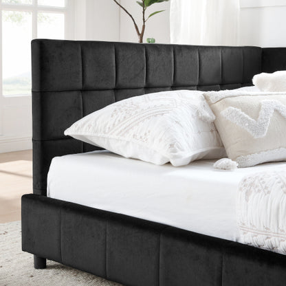 Full Size Upholstered Tufted  Bed Frame, Sofa Bed Frame with Comfortable Backrest and Armrests, Full Size Bed for Bedroom, Living Room,Velvet, Black(80.5inch *59inch *30.5inch )