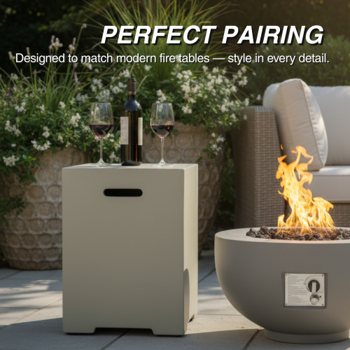 Propane Tank Cover 16 Inch, 20 LB Outdoor Tank Storage Hideaway Table for Gas Fire Pits, Concrete Tank Holder, Cement grey, light grey