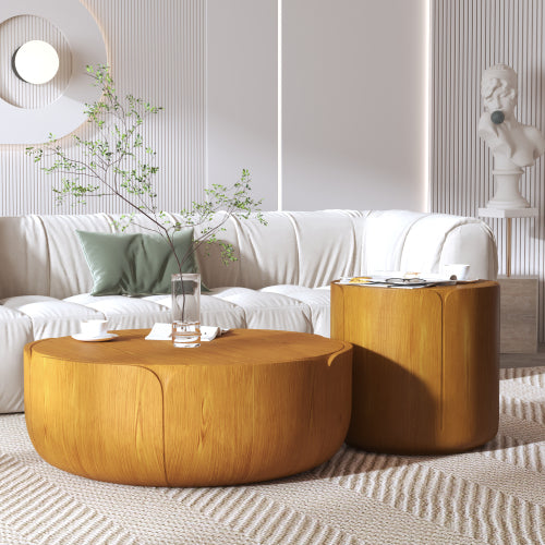 Round Outdoor Indoor Coffee Table Set, Modern Wood Grain Drum Center Table Set, Sturdy MGO (Magnesium Oxide) Waterproof, No-Assembly Table for Patio, Garden, Backyard, Living Room,Wood Color(Set of 2)