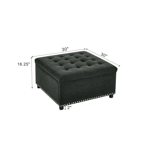 Dark Grey Tufted Square Storage Ottoman with Nailhead Trim, Upholstered Footstool for Living Room & Bedroom