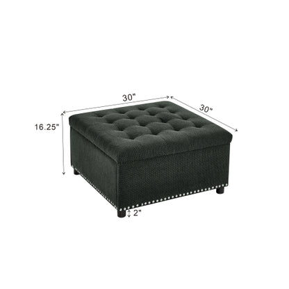 Dark Grey Tufted Square Storage Ottoman with Nailhead Trim, Upholstered Footstool for Living Room & Bedroom