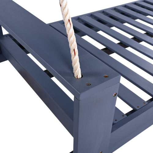 Twin Size Porch Swing Bed Seating Group, Patio Acacia Wood Swing Frame with Hemp Ropes for Garden, Backyard, Gray
