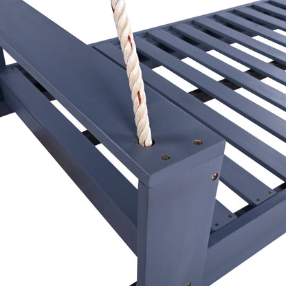 Twin Size Porch Swing Bed Seating Group, Patio Acacia Wood Swing Frame with Hemp Ropes for Garden, Backyard, Gray