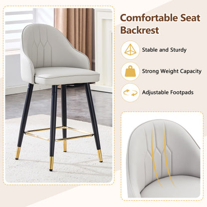 Set of 2  Light Gray PU Leather Bar Stools: 37.7inch High, 25inch Seat Height, Gold Accent Footrest, Ideal for Kitchen Island, Home Bar & Dining Area, Available in Black, White & Dark Gray Splicing Colors.