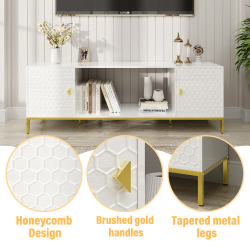 70 Inch White Honeycomb Embossed TV Stand with Golden Tapered Legs (Fireplace Space Reserved)