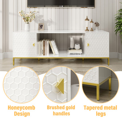 70 Inch White Honeycomb Embossed TV Stand with Golden Tapered Legs (Fireplace Space Reserved)