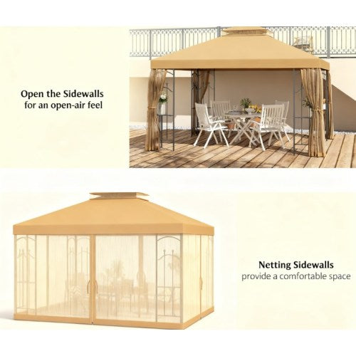 Outdoor Double Roof Outdoor Gazebo Canopy Shelter with Netting,Patio Gazebo with Corner Frame Shelves