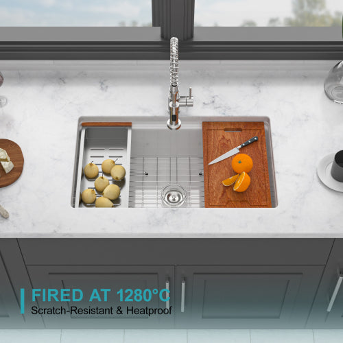 Undermount White Kitchen Sink Workstation - 33x19x10 inch White Porcelain Ceramic Single Bowl Dual Mount Kitchen Sink