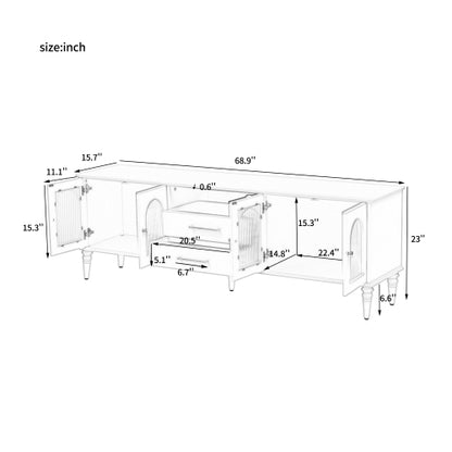 68.9 Inch Retro Fluted Glass TV Stand for 75 Inch TV with 5 Solid Pine Legs