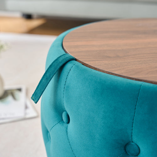 Blue 2-Piece Velvet Nesting Storage Ottoman Set, 4-in-1 Round Foot Stool with Wooden Tray, Ready to Use