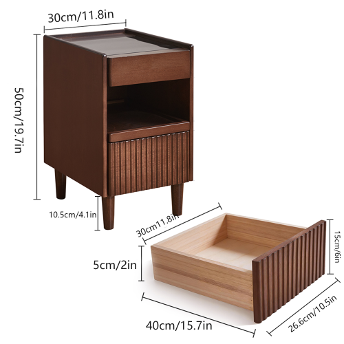 Solid Wood Nightstand with Drawer and Open Shelves, Bedside Storage Table