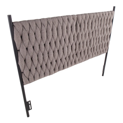 Braided Queen Size Headboard in Black Metal and Grey Fabric by
