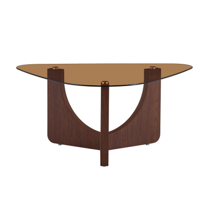 Triangular Tea-Colored Tempered Glass Coffee Table, Walnut MDF Legs