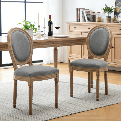 2-Piece Farmhouse Solid Rubberwood Dining Chairs, Grey Linen Cushioned Side Chairs with Carved Oak Finish Frame for Kitchen & Living Room