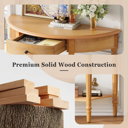 Half Moon Console Table with Drawer & Shelf - Rustic Accent Table, Sofa Table for Entryway, Living Room, Hallway and Foyer (Natural)