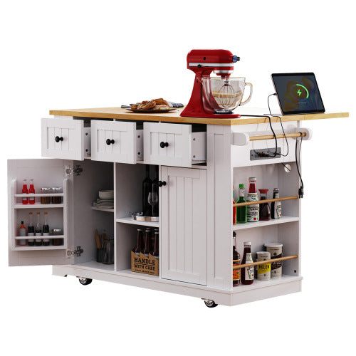 53inch Large Kitchen Island with Drop Leaf, Power Outlet, Door Internal Storage Rack, Rolling Kitchen Cart on 5 Wheels with 5 Open Side Racks for Kitchen, Dining Room,White(Not include bar stools)