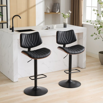 Walnut Bentwood Bar Stools Mid Century Modern Adjustable Counter Height Black Leather Upholstered 360°Swivel Bar Chairs for Kitchen Island/Dining Room/Cafe,Beige,Set of 2