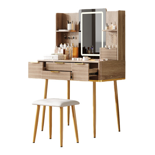 4-Drawer Vanity Desk with LED Mirror & Carved Details, Fluted Makeup Table with Metal Legs and PU Stool, Carved Dressing Table with Jewelry Storage for Bedroom