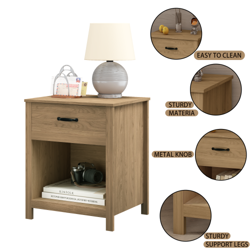Wood Nightstand with Drawer and Open Shelf, Modern Bedside Table with Storage, Wooden End Table for Bedroom, Living Room or Apartment, Natural Finish, Brown