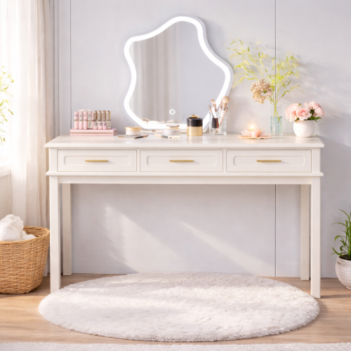 Cream White Vanity Desk with 3 Drawers, Modern Makeup or Writing Desk, Multipurpose Dressing Table for Bedroom, No Mirror Included