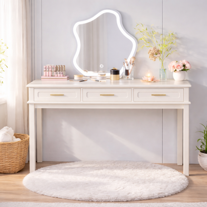 Cream White Vanity Desk with 3 Drawers, Modern Makeup or Writing Desk, Multipurpose Dressing Table for Bedroom, No Mirror Included