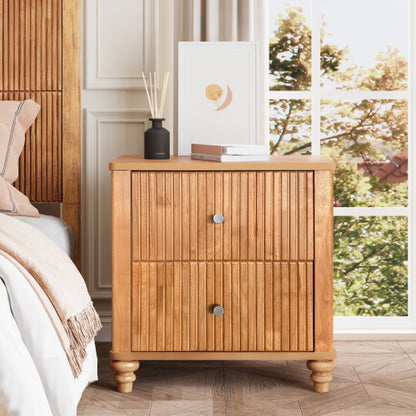 Fluted Nightstand with 3 Drawers, Mid Century Modern Wood Bedside Table