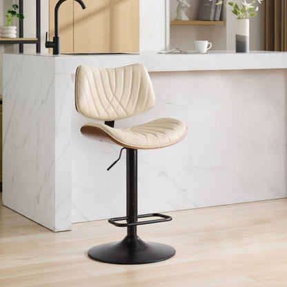 Walnut Bentwood Bar Stools Mid Century Modern Adjustable Counter Height Black Leather Upholstered 360¡ãSwivel Bar Chairs for Kitchen Island/Dining Room/Cafe, 1 chair/1carton,Beige