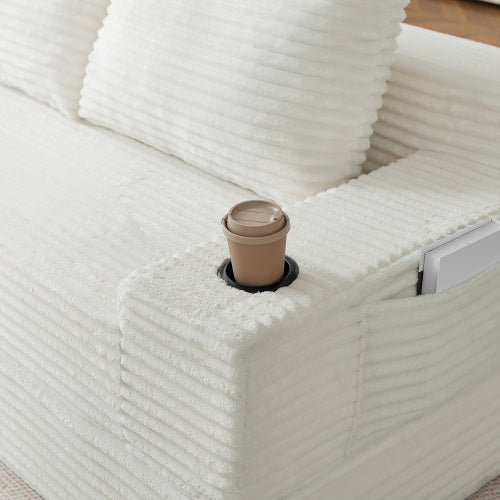 70.8-inch corduroy two-in-one sofa bed, featuring a lounge chair with two throw pillows, built-in cup holders in the armrests, and side storage pockets-ideal for living rooms, bedrooms, and relaxation
