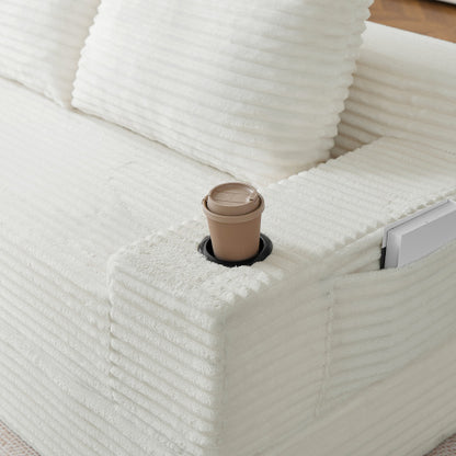 70.8-inch corduroy two-in-one sofa bed, featuring a lounge chair with two throw pillows, built-in cup holders in the armrests, and side storage pockets-ideal for living rooms, bedrooms, and relaxation