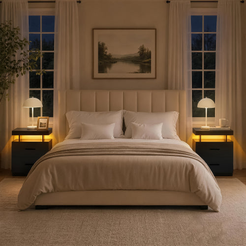 Black 2-Piece LED Nightstand Set with Fabric Drawers