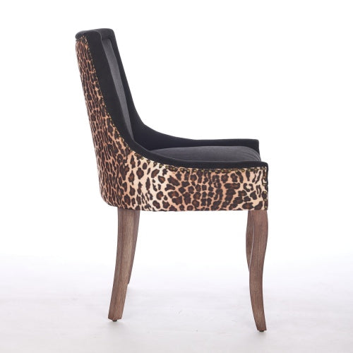 Set of 2 Leopard Print Fabric Dining Chairs, Mid-Century Solid Wood Chairs with Nailhead & 300lb Limit