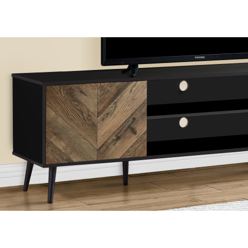 72 Inch Brown Black Grooved TV Stand with Black Wood Legs & Dual Cable Holes