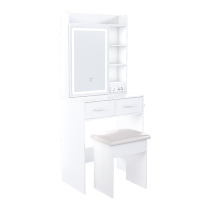 White Small Makeup Vanity Desk with Mirror & LED Lights, Power Outlet, Hidden Storage, Padded Stool & Shelf